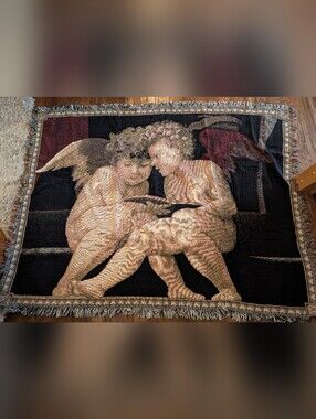 Chatam Vintage Tapestry Throw Cherub Angels Rosso Fiorentino artist 100% Cotton